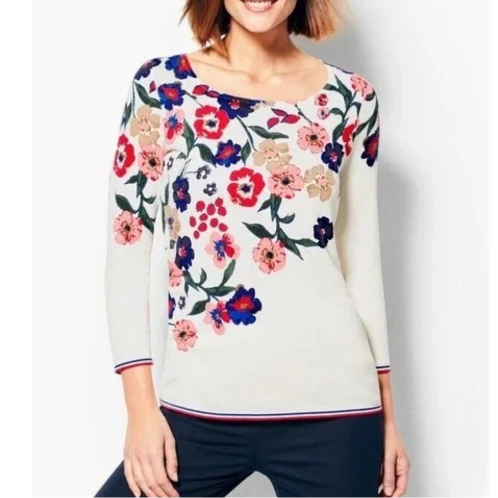 Talbots floral print 3/4 sleeve lightweight sweater top womens M